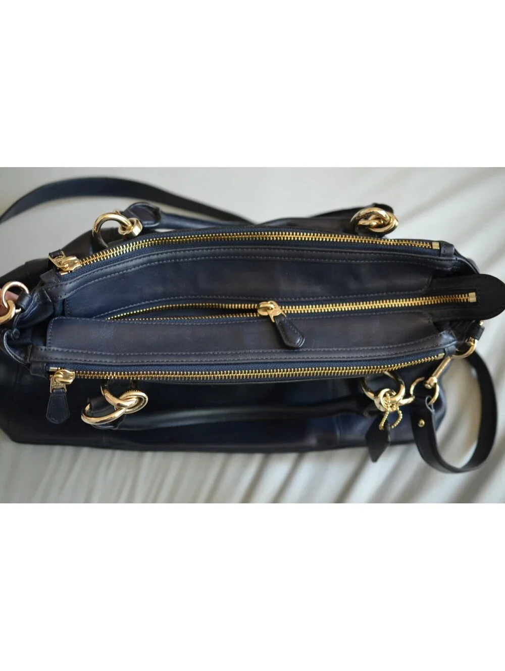 Coach Kristin Navy Leather Triple Zip Satchel Shoulder Bag Gold Hardware